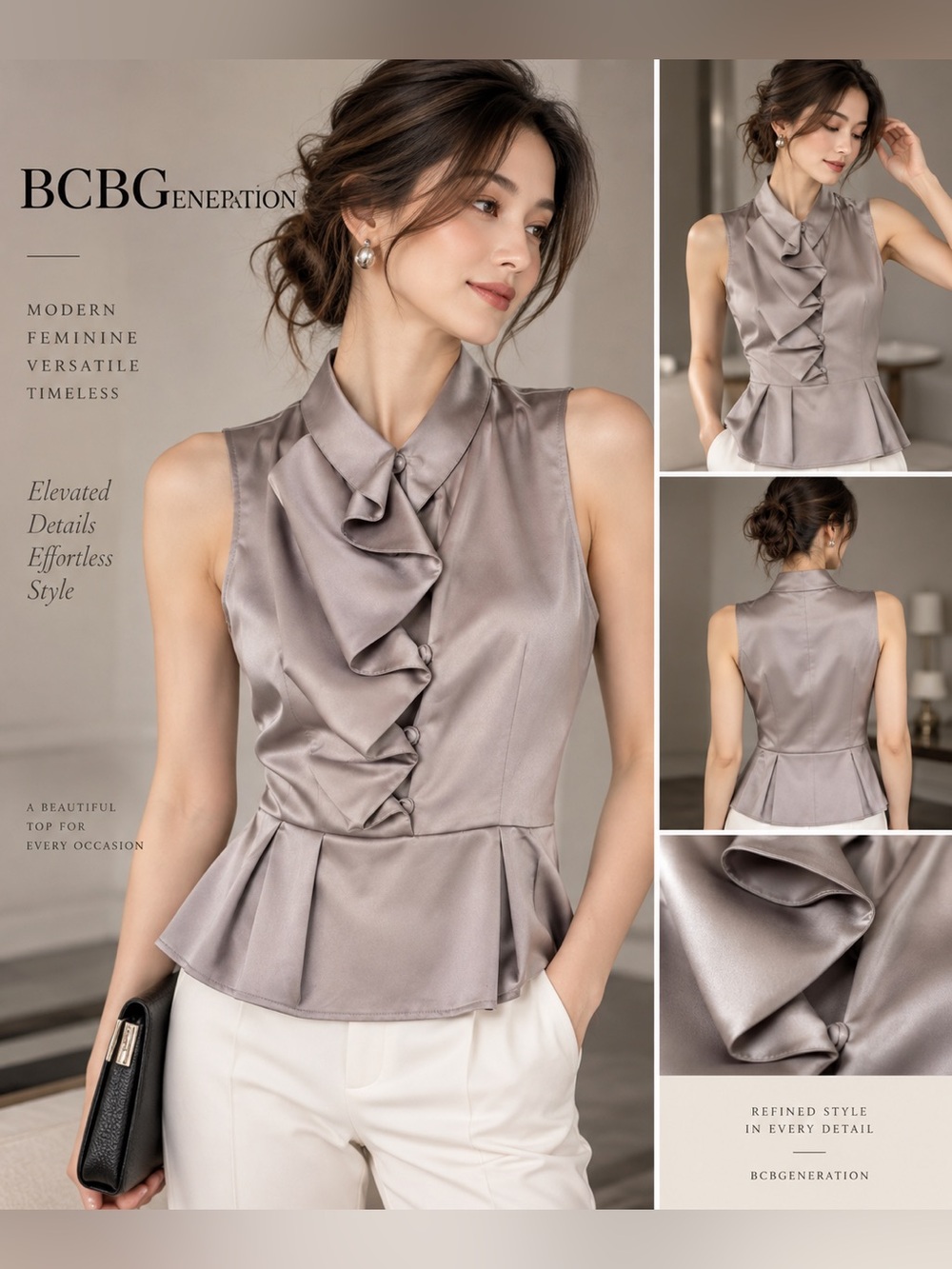BCBGeneration Satin Ruffle Draped Sleeveless Peplum Top Size S